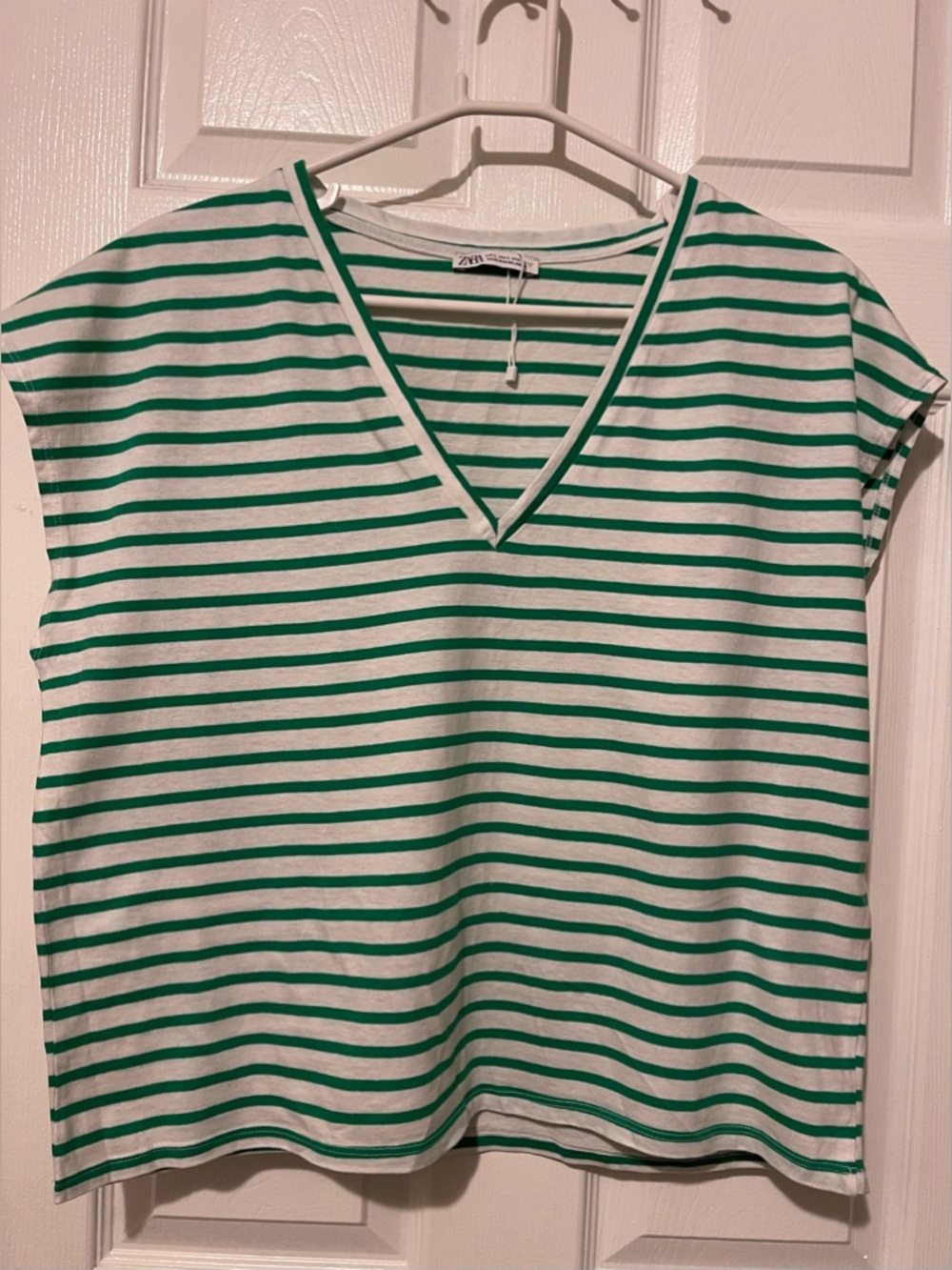 Zara White and Green Striped V-Neck Tank Top